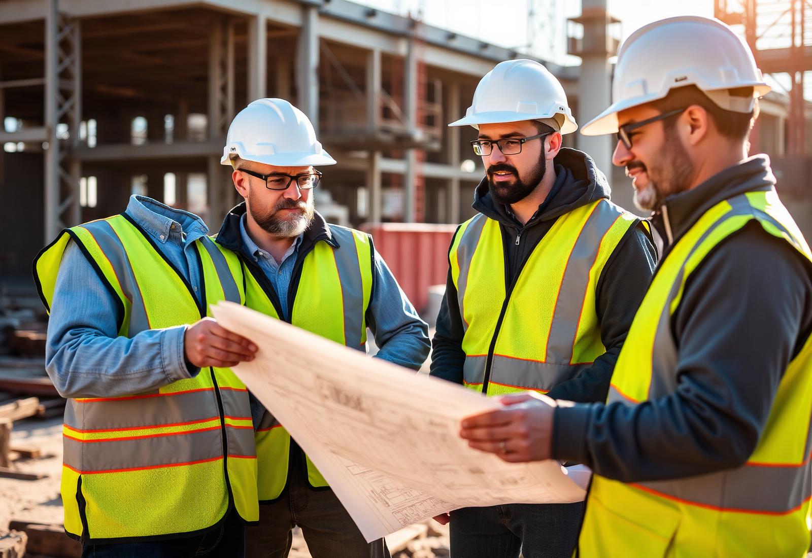 Engineers reviewing blueprints on site